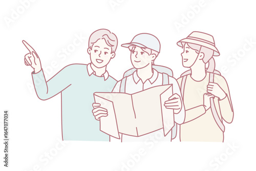Local man help travelers couple find way. Male show tourists right way or direction. Journey and adventure problem. Travel and tourism. Vector illustration.