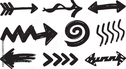 Collection of hand drawn black arrows and pointers isolated on white background
