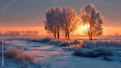 Frosty sunrise over a snowy landscape