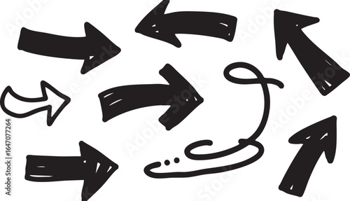 Collection of hand drawn black arrows and pointers isolated on white background