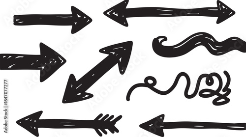 Collection of hand drawn black arrows and pointers isolated on white background