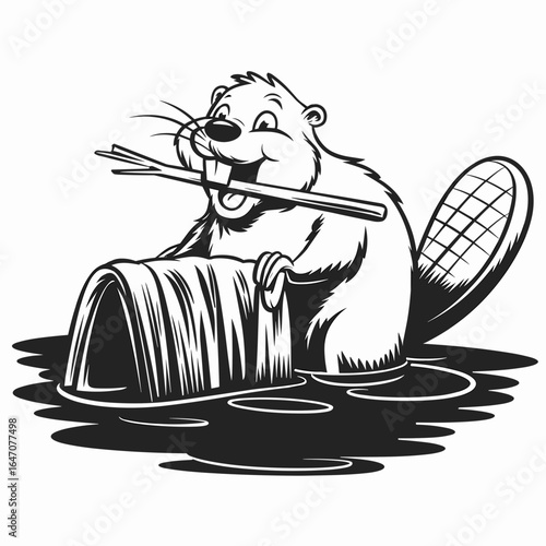 Joyful beaver building dam while holding stick in mouth
