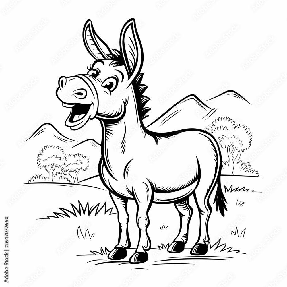 Fototapeta premium Happy donkey with white stripe on face in rustic mountain pasture