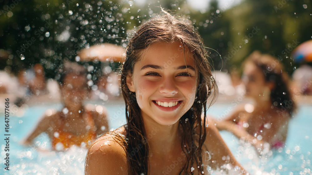 Obraz premium Smiling young girl enjoying a sunny day in a swimming pool while splashing water joyfully with friends nearby