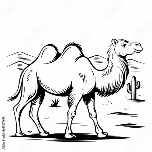 Camel in desert landscape with cactus and rustic vintage tone