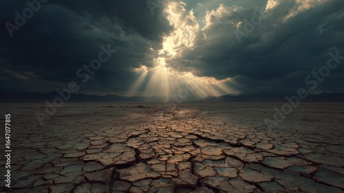 Dark clouds split by light over parched, cracked earth, barren landscape conveying desolation