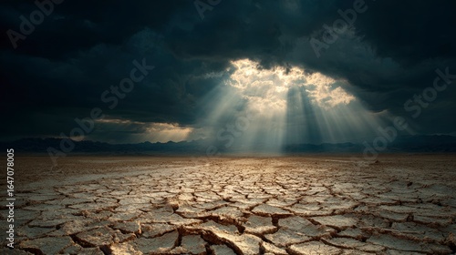 Dark clouds split by light over parched, cracked earth, barren landscape conveying desolation