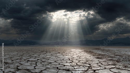 Dark clouds split by light over parched, cracked earth, barren landscape conveying desolation