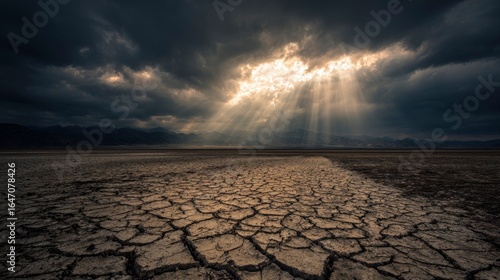 Dark clouds split by light over parched, cracked earth, barren landscape conveying desolation