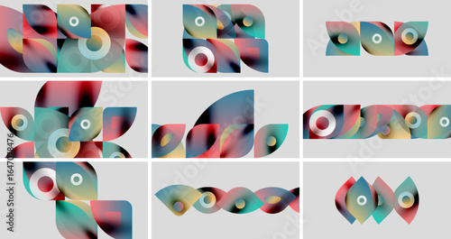 Abstract colorful shapes arranged in grid. Overlapping forms create dynamic visual patterns, soft gradients present.
