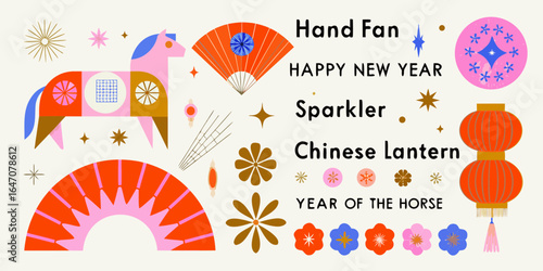 Mid century modern chinese new year decorations with horse and lanterns