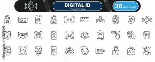 Digital ID and Bio metric Login Line Icon Set for Secure Online Access and Identity Verification