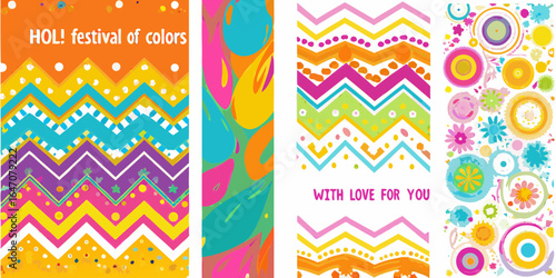 Vibrant holi festival of colors with abstract patterns and greetings