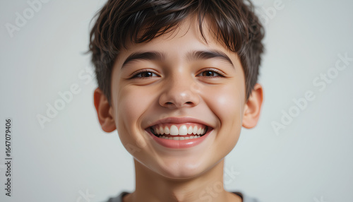 Cheerful portrait of a young boy smiling warmly, radiating happiness and positivity. The image captures a joyful moment with a vibrant and uplifting fee