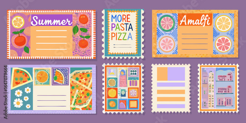 Collection of illustrated postcards featuring summer themes and italian destinations