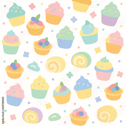 Cute Pastel Cupcakes and Swiss Roll Cakes Seamless Pattern.