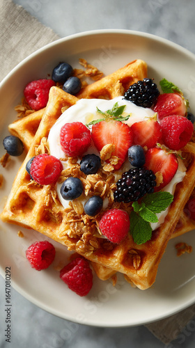 Waffles Topped With Yogurt Granola And Mixed Berry