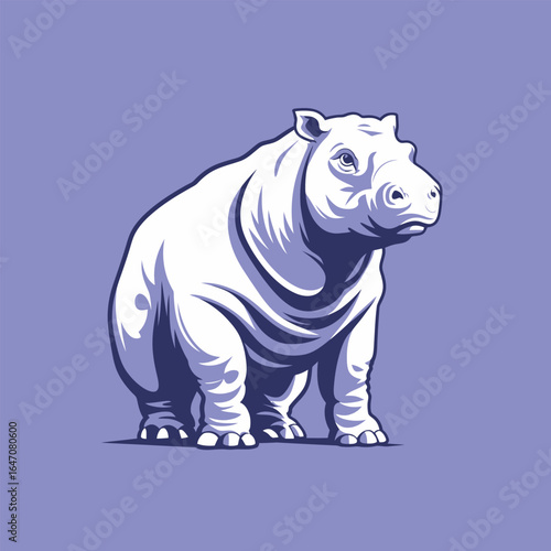 A white rhino is seen standing on top of a vibrant purple background. The large animals powerful stance is prominent against the striking color behind it.