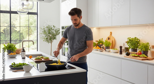 Young man cooking a healthy meal in a modern bright kitchen at home. Healthy lifestyle and culinary concept.