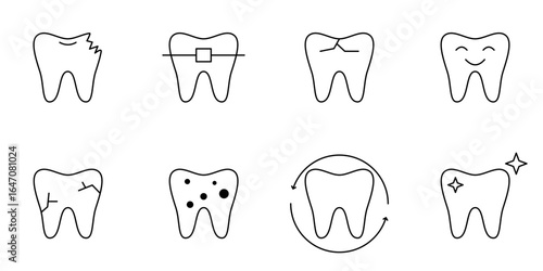 Editable tooth outline icon set. Dentist, treatment, disease, teeth whitening, fracture, tooth filling, dentist logo, and wisdom teeth. Vector illustration.