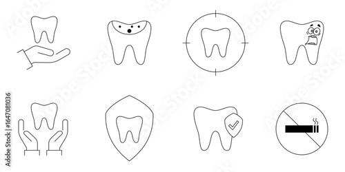 Editable tooth outline icon set. Dentist, treatment, disease, teeth whitening, fracture, tooth filling, dentist logo, and wisdom teeth. Vector illustration.
