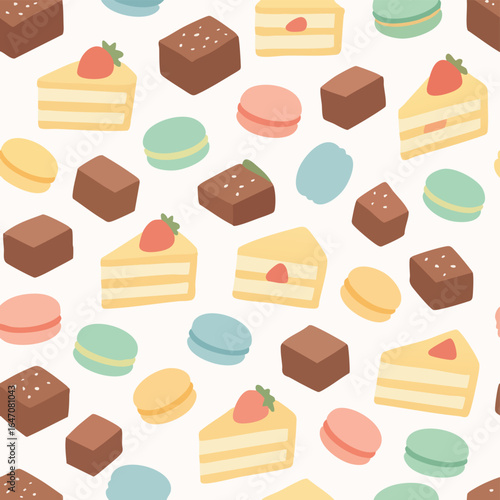 Cute seamless pattern of sweet desserts and cakes.