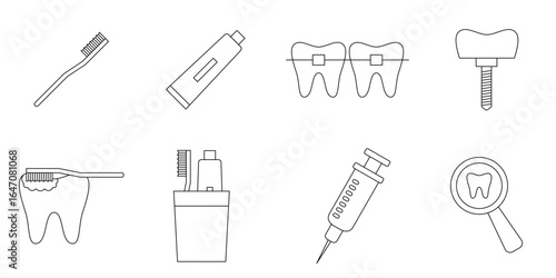 Editable line icon set for dental care and brushing. Collection of dentist and oral health logos. Icons of teeth, caries, implants, and dentures. Vector illustration. Isolated on a white background.