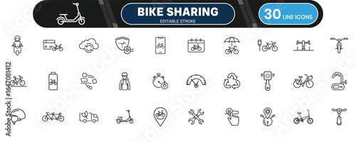 Bike Sharing and Urban Mobility Line Icon Set for Eco-Friendly Transport, City Cycling, and Sustainable Travel Concepts