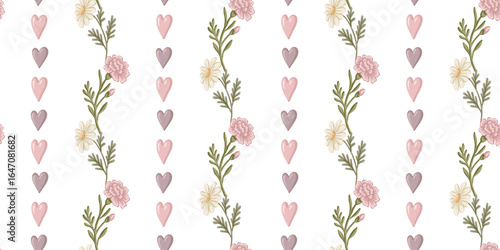 Vertical stripe of carnation and daisy flower with heart seamless pattern. Hand drawn floral design with coquette vintage feel. Great for textile and wallpaper. Perfect for bed linen and kids decor.