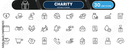 Charity and Donation Apps Line Icon Set for Fundraising Campaigns, Nonprofit Organizations, and Social Impact Designs