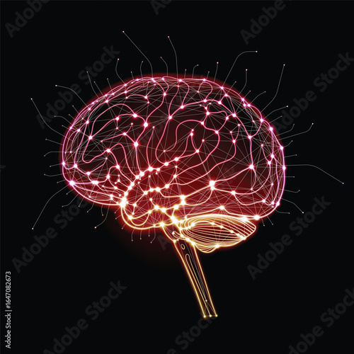 A modern technological illustration of the human brain using fluorescent curves and straight lines arranged on a black background. Used in medicine, science, advertising, commercial, and industrial.