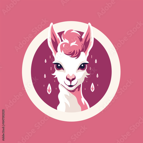 A llama is standing still in front of a bright pink background. The llama has a fluffy coat and long neck, looking directly at the camera.