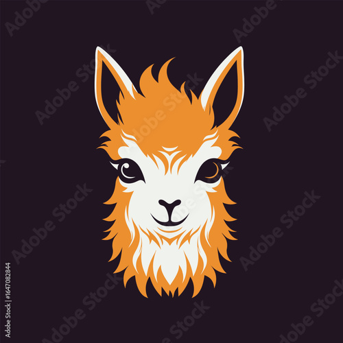 This image showcases the striking contrast of an orange and white llama face against a black background. The llamas expressive eyes and fluffy fur create a captivating focal point.