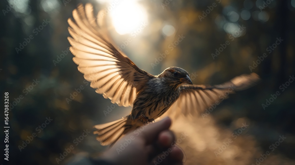 Fototapeta premium A majestic brown bird takes flight from a hand, surrounded by soft, golden sunlight in a tranquil forest setting.