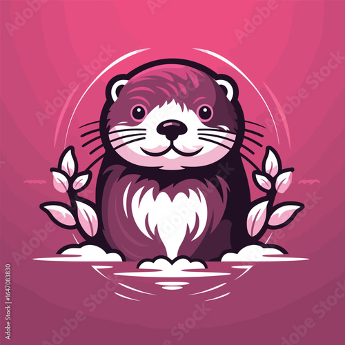 A cute otter is sitting on a bright pink background, looking adorable and playful. Its whiskers are twitching as it explores its surroundings, showcasing its fluffy fur and webbed feet.