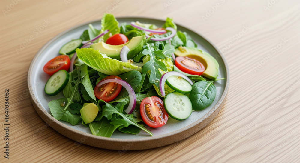 Fresh Salad with Avocado, Tomatoes, and Cucumbers on a Plate - Healthy Eating