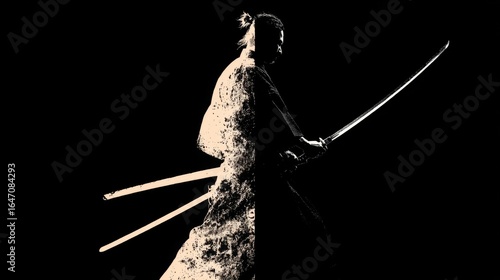 Silhouetted samurai with katana in dynamic ink style on black background.