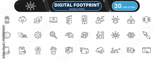 Digital Footprint Awareness Line Icon Set for Online Privacy, Internet Safety, and Personal Data Protection Education