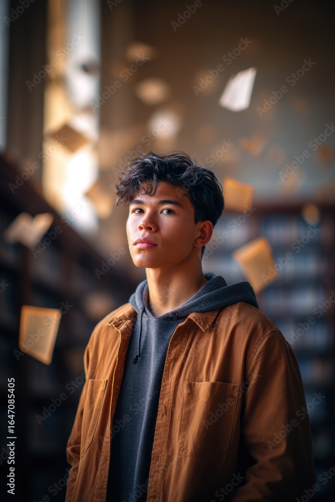 Fototapeta premium Young Asian male stands in a library surrounded by floating books, wearing a brown jacket and gray hoodie, capturing a moment of inspiration and creativity in a scholarly environment