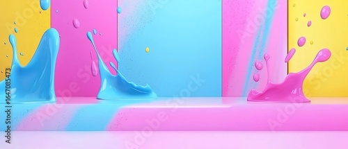 Vibrant Splash Art: Abstract Liquid Forms in Pink, Blue, and Yellow