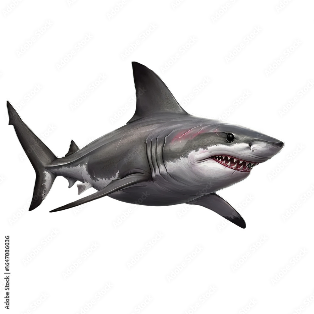 Fototapeta premium Angry Shark isolated on white transparent background, PNG 