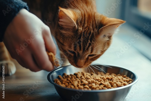 Ginger cat eating food from a bowl being fed by hand