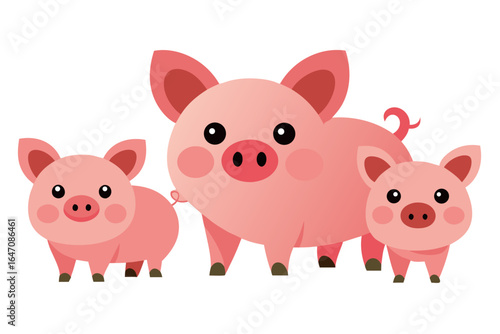 Three adorable cartoon pigs standing together on a white background
