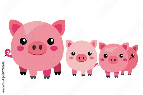 A family of cute pink cartoon pigs standing together on a white background