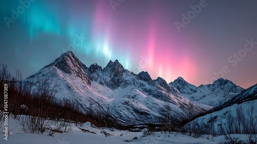 A captivating view of snowy mountain peaks under the enchanting glow of the aurora borealis, casting vibrant colors across the sky.