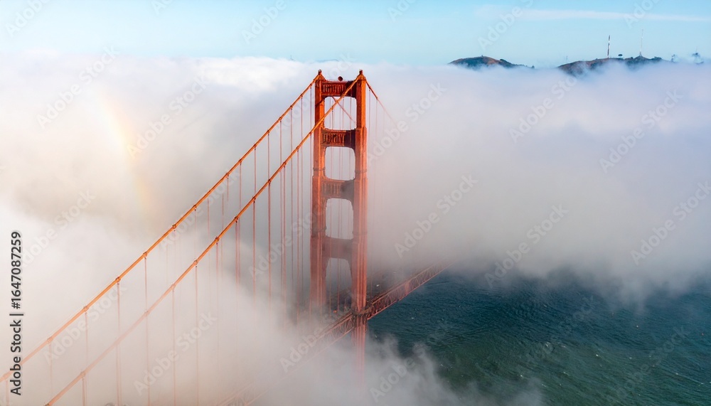 Fototapeta premium Golden Gate Bridge shrouded in morning fog, showcasing majestic structure and atmospheric beauty.