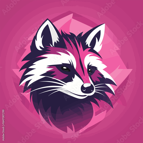 A close-up shot of a raccoons head against a vibrant pink background. The raccoons distinctive markings and curious expression are clearly visible, creating a striking contrast against the bright back