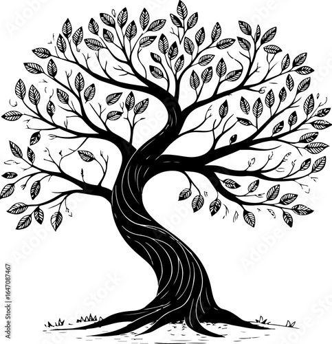A black and white illustration shows a stylized tree with a curved trunk and numerous leaves.
