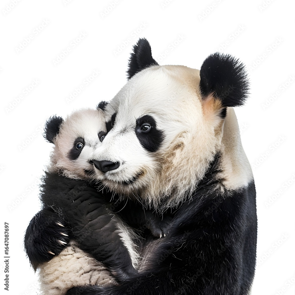 Obraz premium Mother panda lovingly cradles her adorable cub against a plain background, showcasing their bond