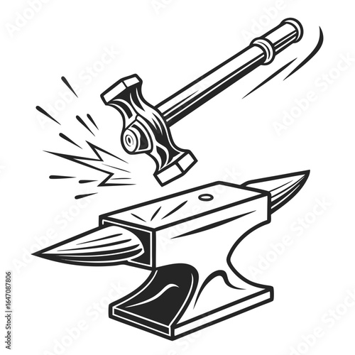 Blacksmith hammer striking an anvil with sparks flying creating metalwork in a workshop